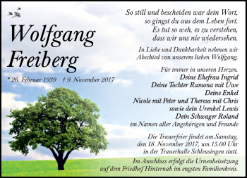 Traueranzeige von Wolfgang Freiberg von Südthüringer Presse