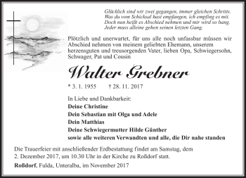 Traueranzeige von Walter Grebner von Südthüringer Presse