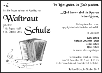 Traueranzeige von Waltraud Schulz von Südthüringer Presse
