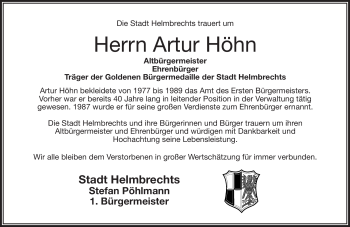 Traueranzeige von Artur Höhn von Frankenpost