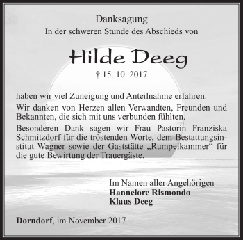 Traueranzeige von Hilde Deeg von Südthüringer Presse