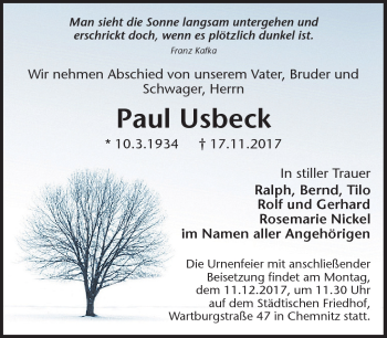Traueranzeige von Paul Usbeck von Südthüringer Presse
