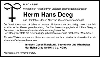 Traueranzeige von Hans Deeg von Neue Presse Coburg