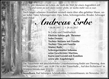 Traueranzeige von Andreas Erbe von Südthüringer Presse