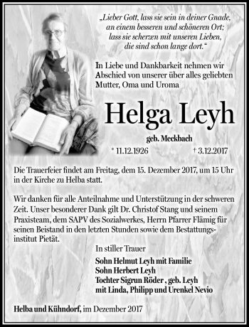 Traueranzeige von Helga Leyh von Südthüringer Presse