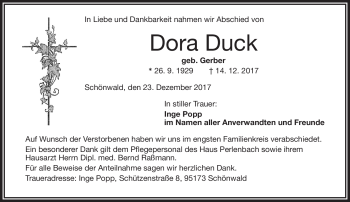 Traueranzeige von Dora Duck von Frankenpost