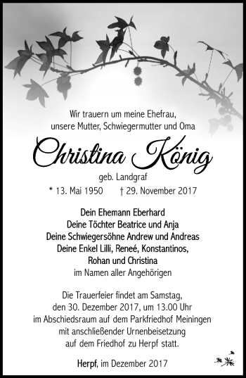 Traueranzeige von Christina König von Südthüringer Presse