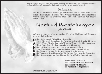Traueranzeige von Gertrud Westelmayer von Südthüringer Presse