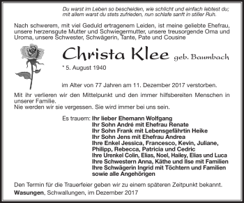 Traueranzeige von Christa Klee von Südthüringer Presse