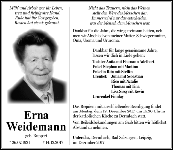 Traueranzeige von Erna Weidemann von Südthüringer Presse