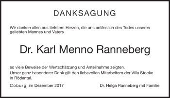 Traueranzeige von Dr. Karl Menno Ranneberg von Neue Presse Coburg