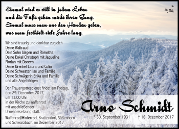 Traueranzeige von Arno Schmidt von Südthüringer Presse