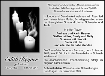 Traueranzeige von Edith Heyner von Südthüringer Presse