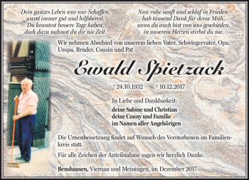 Traueranzeige von Ewald Spietzack von Südthüringer Presse