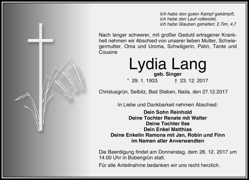  Traueranzeige für Lydia Lang vom 27.12.2017 aus Frankenpost