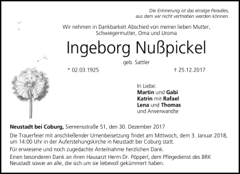 Traueranzeige von Ingeborg Nußpickel von Neue Presse Coburg