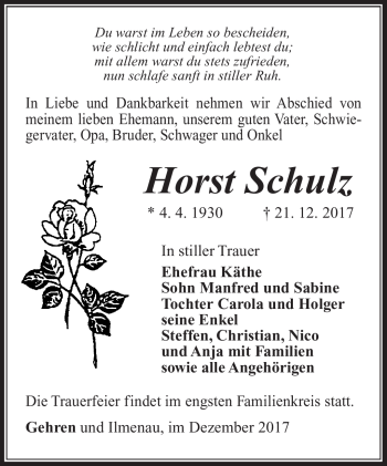 Traueranzeige von Horst Schulz von Südthüringer Presse