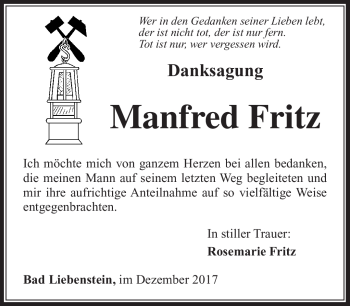 Traueranzeige von Manfred Fritz von Südthüringer Presse
