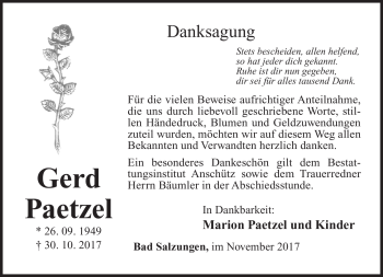 Traueranzeige von Gerd Paetzel von Südthüringer Presse