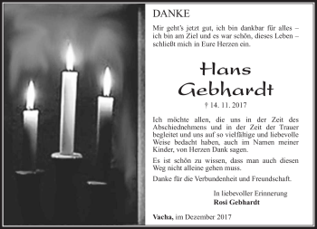 Traueranzeige von Hans Gebhardt von Südthüringer Presse