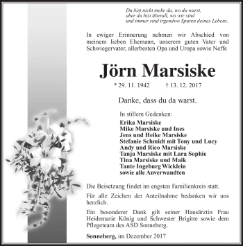 Traueranzeige von Jörn Marsiske von Südthüringer Presse