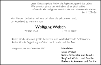 Traueranzeige von Wolfgang Welsch von Neue Presse Coburg
