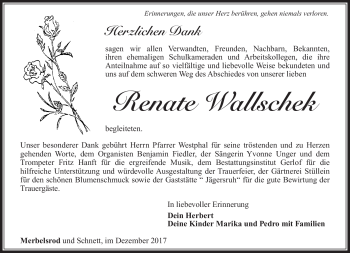 Traueranzeige von Renate Wallschek von Südthüringer Presse