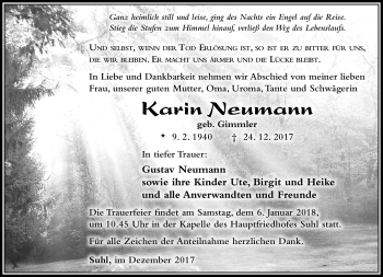 Traueranzeige von Karin Neumann von Südthüringer Presse