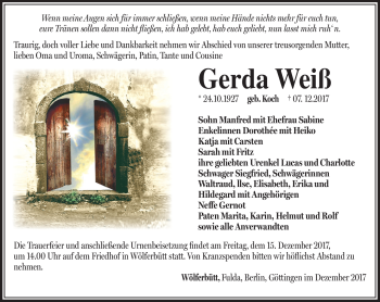 Traueranzeige von Gerda Weiß von Südthüringer Presse