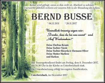 Traueranzeige von Bernd Busse von Südthüringer Presse