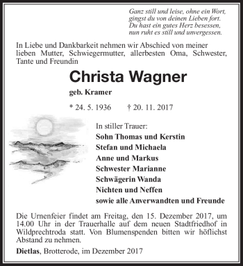 Traueranzeige von Christa Wagner von Südthüringer Presse