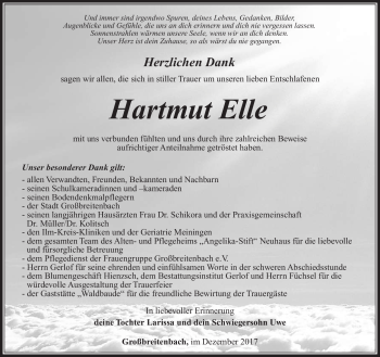 Traueranzeige von Hartmut Elle von Südthüringer Presse