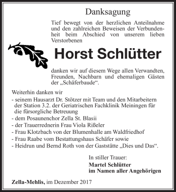 Traueranzeige von Horst Schlütter von Südthüringer Presse
