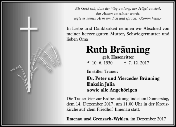 Traueranzeige von Ruth Bräuning von Südthüringer Presse