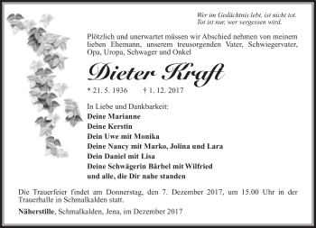 Traueranzeige von Dieter Kraft von Südthüringer Presse