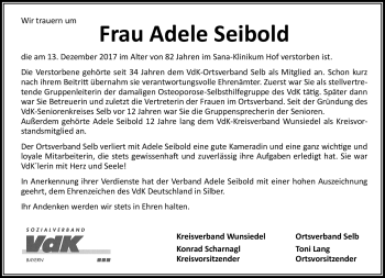 Traueranzeige von Adele Seibold von Frankenpost