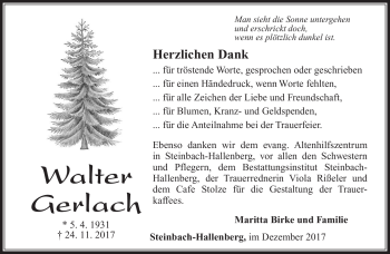 Traueranzeige von Walter Gerlach von Südthüringer Presse