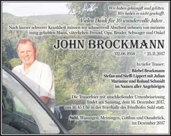 Traueranzeige von John Brockmann von Südthüringer Presse