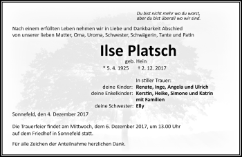 Traueranzeige von Ilse Platsch von Neue Presse Coburg