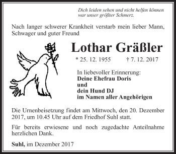 Traueranzeige von Lothar Gräßler von Südthüringer Presse