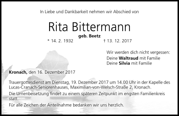 Traueranzeige von Rita Bittermann von Neue Presse Coburg