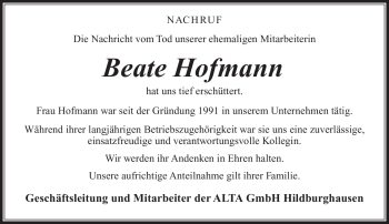 Traueranzeige von Beate Hofmann von Südthüringer Presse