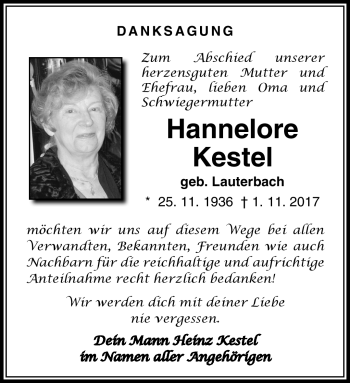 Traueranzeige von Hannelore Kestel von Neue Presse Coburg