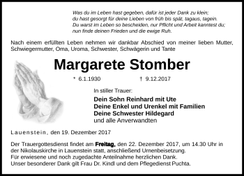 Traueranzeige von Margarete Stomberg von Neue Presse Coburg