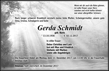 Traueranzeige von Gerda Schmidt von Südthüringer Presse