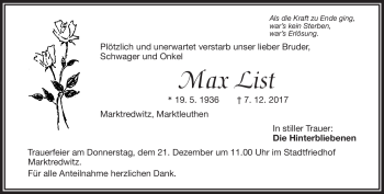 Traueranzeige von Max List von Frankenpost