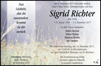 Traueranzeige von Sigrid Richter von Südthüringer Presse