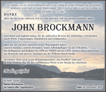 Traueranzeige von John Brockmann von Südthüringer Presse