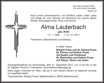Traueranzeige von Alma Lauterbach von Frankenpost