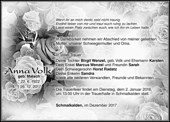 Traueranzeige von Anna Volk von Südthüringer Presse